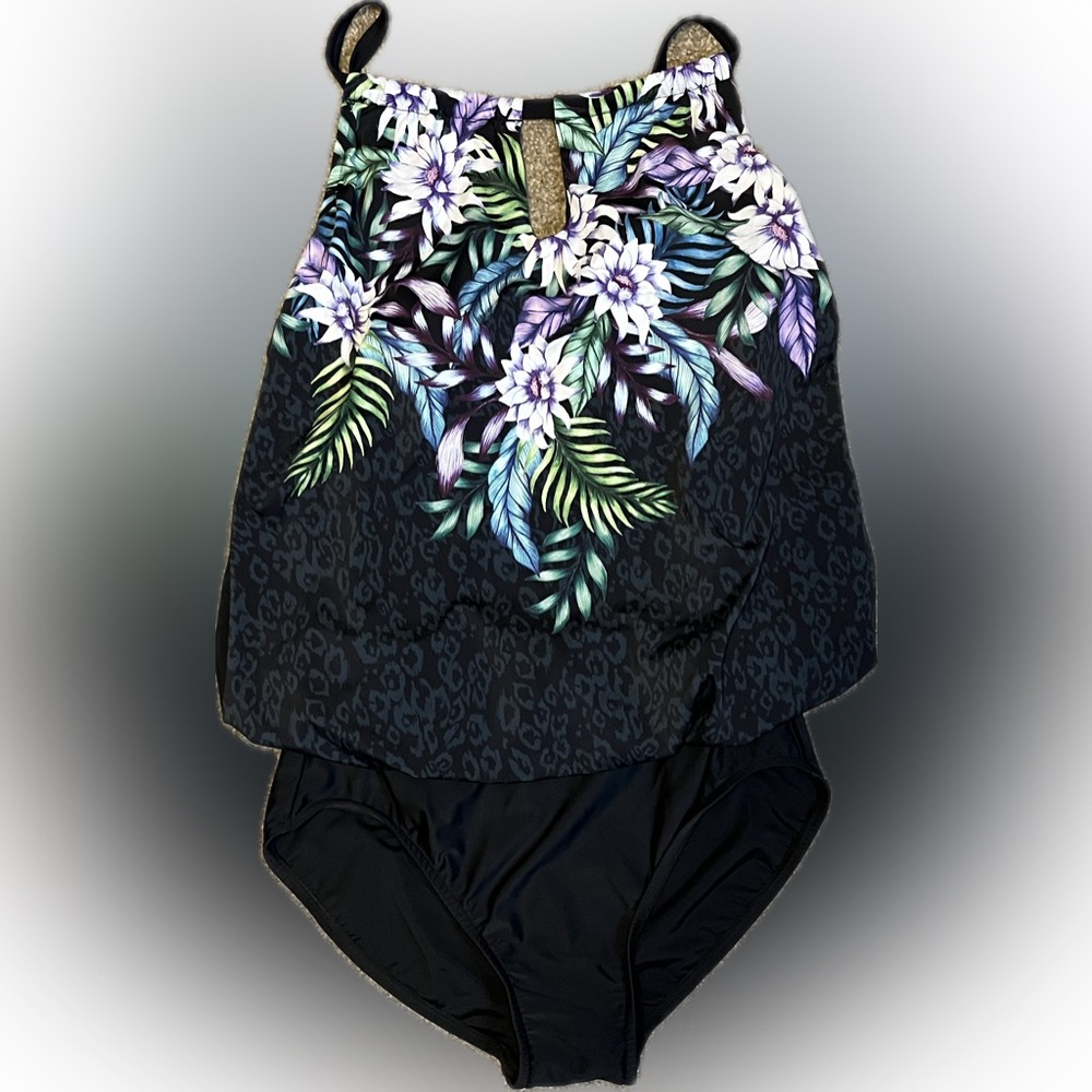 Maxine of Hollywood High-Neck Keyhole Blouson Fiji Floral One Piece size 14 - Picture 2 of 15